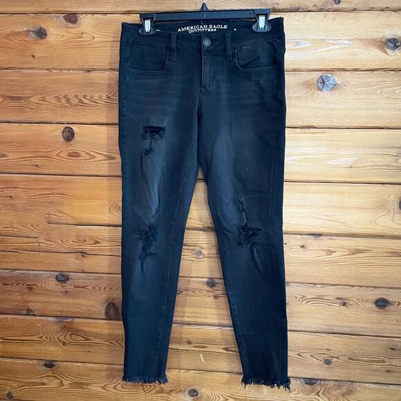 American Eagle Super Low Jeggings Black Distressed Size 4 - Picture 1 of 7